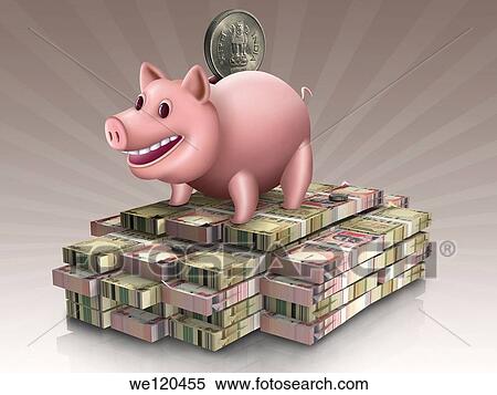 Piggy bank over stack of paper currency View Large Photo Image Stock Photography - Piggy bank over stack of paper currency. Fotosearch