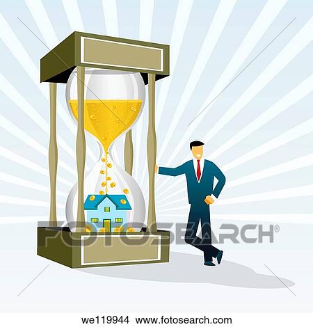 Picture - Real estate agent standing beside a giant hourglass. Fotosearch