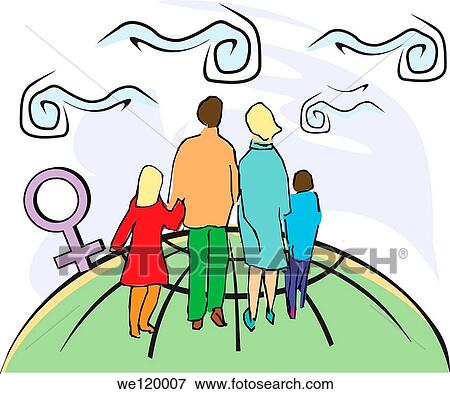 Stock Photo - Rear view of a couple walking with their two children. Fotosearch