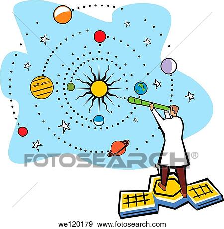 Stock Photo - Scientist standing on a satellite and analysis solar system. Fotosearch