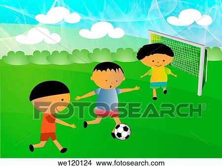 Three boys playing soccer View Large Photo Image Picture - Three boys playing soccer. Fotosearch