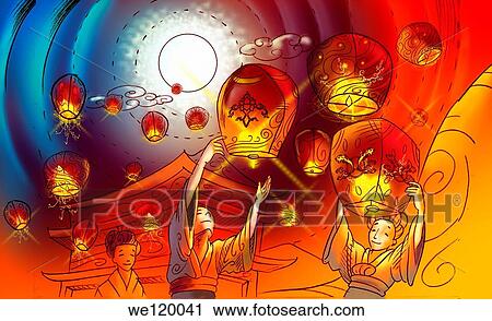 Three people enjoying mid-autumn festival, China View Large Photo Image Stock Image - Three people enjoying mid-autumn festival, China. Fotosearch