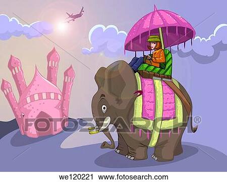 Stock Image - Tourist riding elephant in front of a mausoleum, Taj Mahal, Agra, Uttar Pradesh, India. Fotosearch