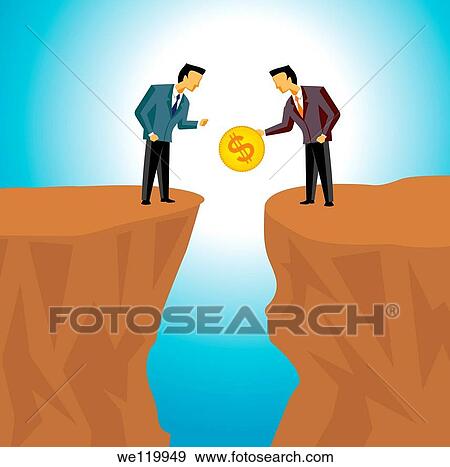 Stock Photo - Two businessmen standing on cliffs and exchanging money. Fotosearch