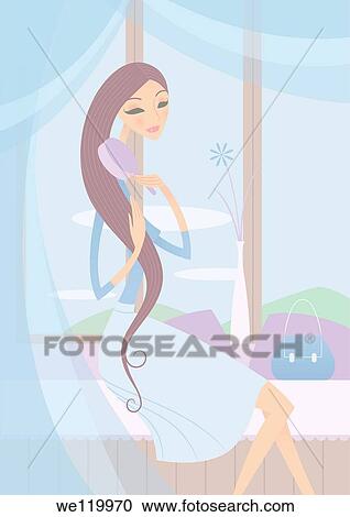 Stock Image - Woman brushing her hair. Fotosearch