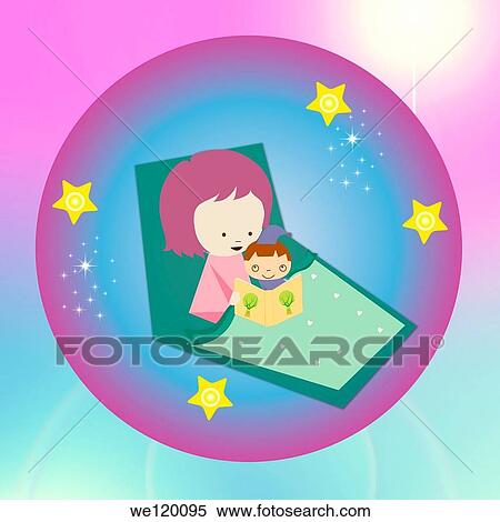 Stock Photography - Woman reading bedtime story to her son in bed. Fotosearch