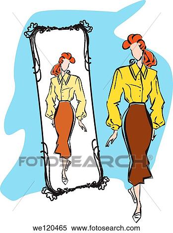 Stock Photography - Woman trying on a dress in front of a mirror. Fotosearch