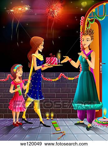 Women giving gift to her neighbour in the occasion of diwali View Large Photo Image Stock Photo - Women giving gift to her neighbour in the occasion of diwali. Fotosearch