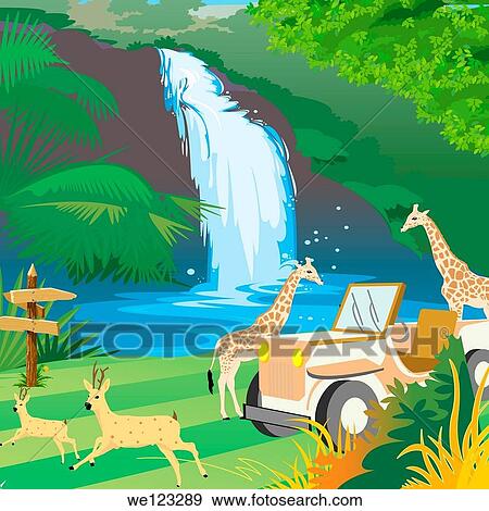 Animals with a jeep near a waterfall View Large Photo Image Stock Photo - Animals with a jeep near a waterfall. Fotosearch
