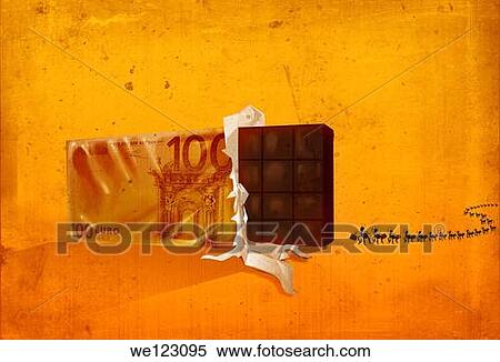 Stock Photography - Ants walking towards chocolate wrapped in Euro currency. Fotosearch