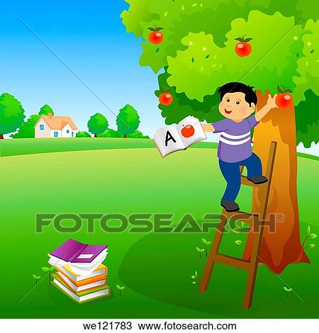 Boy holding a book and climbing an apple tree View Large Photo Image Stock Image - Boy holding a book and climbing an apple tree. Fotosearch