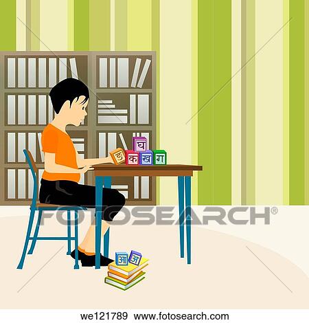 Boy playing with alphabet blocks in a library View Large Photo Image Stock Photo - Boy playing with alphabet blocks in a library. Fotosearch