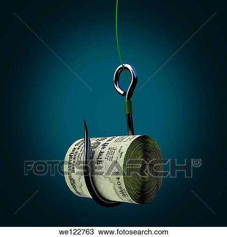 Stock Image - Bundle of Indian five hundred rupee notes on a fishing hook. Fotosearch