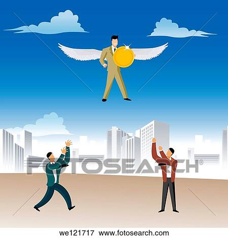 Business angel flying with a coin with other catching him View Large Photo Image Stock Photo - Business angel flying with a coin with other catching him. Fotosearch