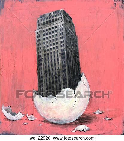 Stock Image - Business building emerging from egg. Fotosearch