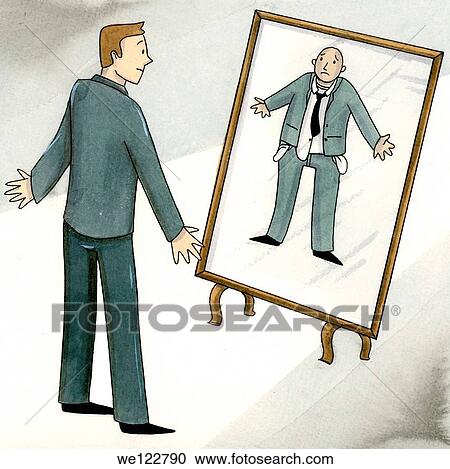 Stock Image - Business man watching a deceptive reflection in mirror. Fotosearch