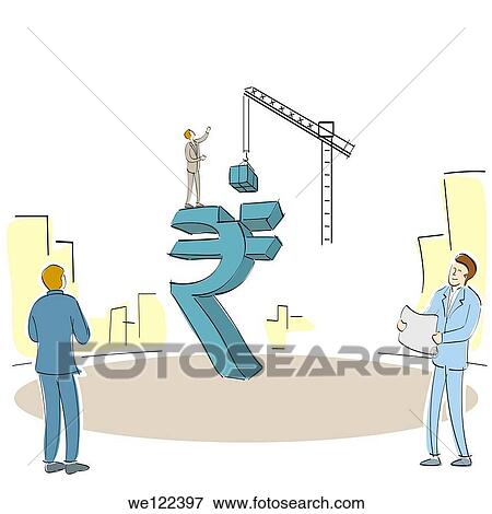 Business people building Indian currency symbol View Large Photo Image Stock Photo - Business people building Indian currency symbol. Fotosearch