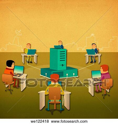 Business people using laptops connected to a centralized server View Large Photo Image Stock Photo - Business people using laptops connected to a centralized server. Fotosearch