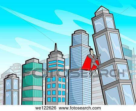 Business super hero supporting a falling building View Large Photo Image Stock Photograph - Business super hero supporting a falling building. Fotosearch