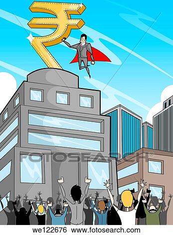 Business super hero with rupee symbol guiding people View Large Photo Image Stock Photograph - Business super hero with rupee symbol guiding people. Fotosearch