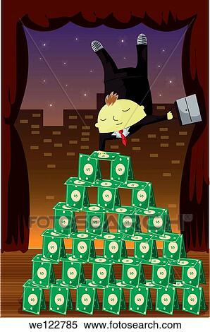 Businessman balancing upside down on pyramid of money View Large Photo Image Stock Photography - Businessman balancing upside down on pyramid of money. Fotosearch