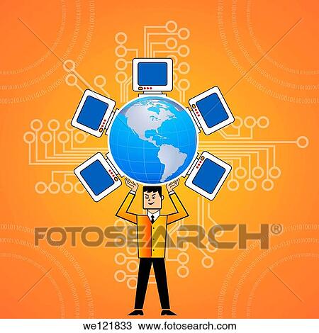 Stock Image - Businessman carrying globe with computers on his head. Fotosearch