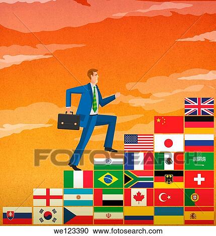 Businessman climbing stairs of different country flags View Large Photo Image Stock Image - Businessman climbing stairs of different country flags. Fotosearch