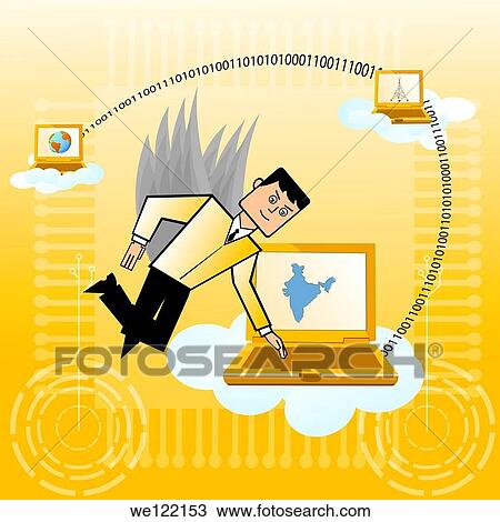 Stock Image - Businessman connecting with globe by internet. Fotosearch