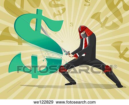 Businessman cutting dollar sign with samurai sword View Large Photo Image Stock Photo - Businessman cutting dollar sign with samurai sword. Fotosearch