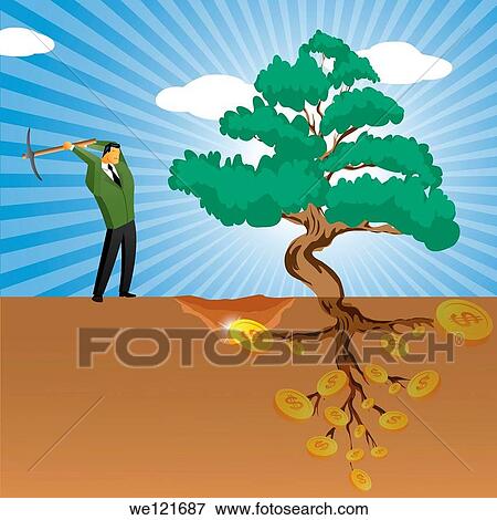 Stock Photo - Businessman digging for money near a money tree. Fotosearch