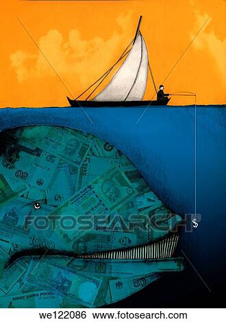 Stock Photograph - Businessman fishing for a large money whale. Fotosearch