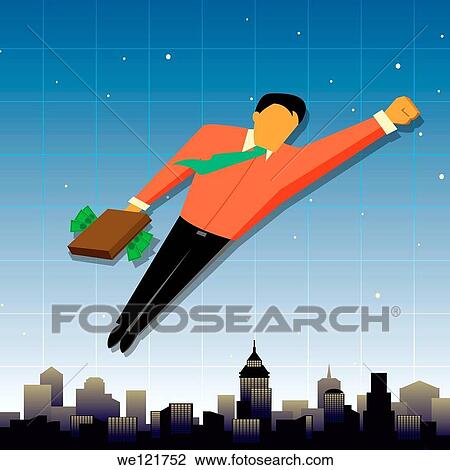 Stock Image - Businessman flying high over a city. Fotosearch