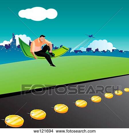 Picture - Businessman flying in a rupee carpet, India. Fotosearch