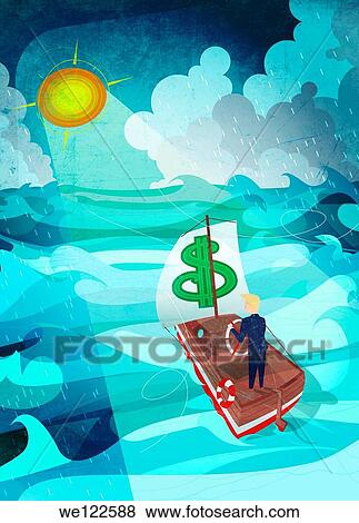 Businessman guiding a boat towards the shining sun during a rainstorm View Large Photo Image Stock Photo - Businessman guiding a boat towards the shining sun during a rainstorm. Fotosearch