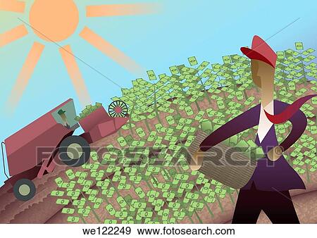 Businessman harvesting money from a field View Large Photo Image Stock Photo - Businessman harvesting money from a field. Fotosearch