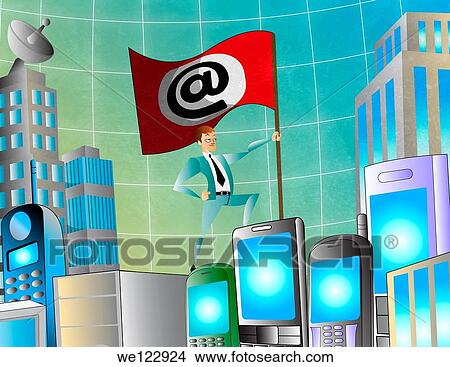Businessman holding ´at´ symbol flag standing on cell phones View Large Photo Image Picture - Businessman holding ´at´ symbol flag standing on cell phones. Fotosearch