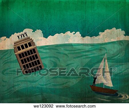 Businessman in sailboat trying to rescue people on building surrounded by flood water representing conquering adversity View Large Photo Image Stock Image - Businessman in sailboat trying to rescue people on building surrounded by flood water representing conquering adversity. Fotosearch