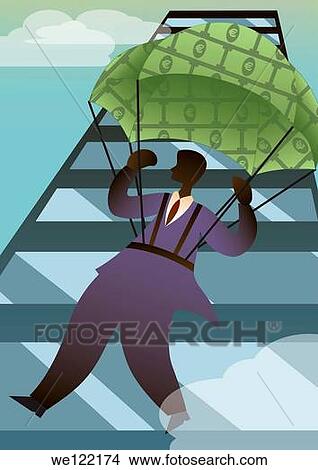 Picture - Businessman jumping with a parachute of money. Fotosearch