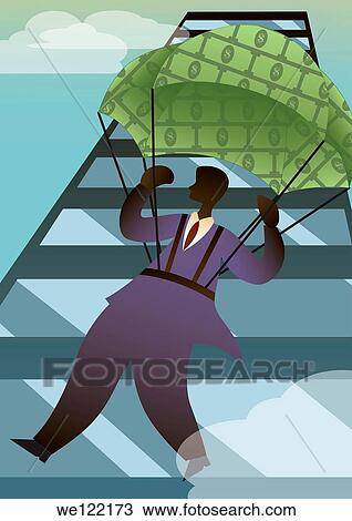 Businessman jumping with a parachute of money View Large Photo Image Stock Image - Businessman jumping with a parachute of money. Fotosearch