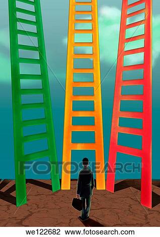Stock Image - Businessman looking at three different ladders. Fotosearch