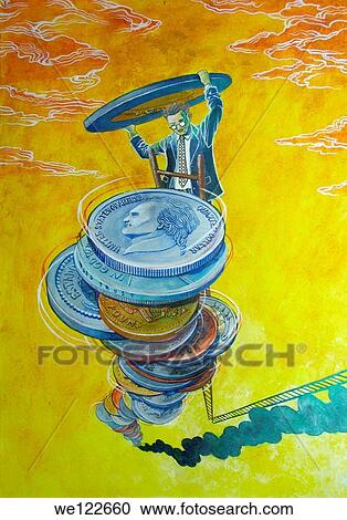 Stock Image - Businessman making a tower of coins. Fotosearch