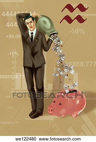 Businessman pouring money into a piggy bank View Large Photo Image Stock Image - Businessman pouring money into a piggy bank. Fotosearch