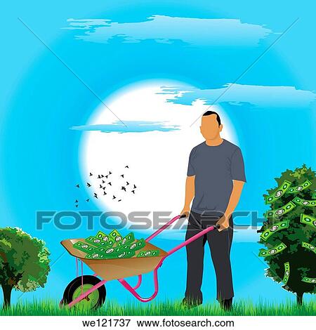 Businessman pushing a wheelbarrow of money near a money tree View Large Photo Image Stock Photo - Businessman pushing a wheelbarrow of money near a money tree. Fotosearch