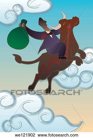Stock Image - Businessman riding a bull. Fotosearch