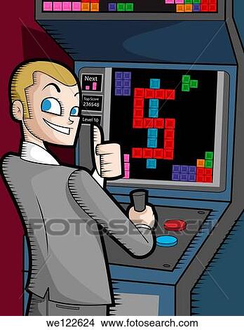 Picture - Businessman showing thumbs up at video arcade. Fotosearch