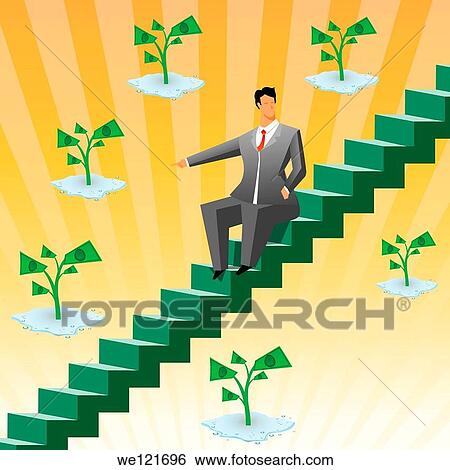 Businessman sitting on boxes and pointing towards money plants View Large Photo Image Stock Photograph - Businessman sitting on boxes and pointing towards money plants. Fotosearch