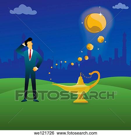Businessman standing next to a magical lamp View Large Photo Image Stock Photograph - Businessman standing next to a magical lamp. Fotosearch