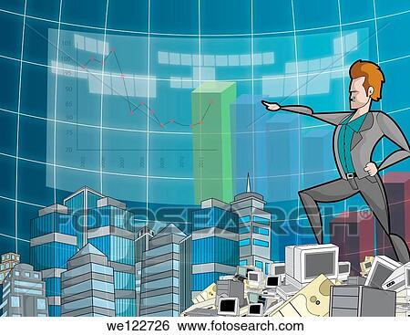 Businessman standing on a dump of computer equipment and pointing towards a financial line graph View Large Photo Image Stock Photograph - Businessman standing on a dump of computer equipment and pointing towards a financial line graph. Fotosearch