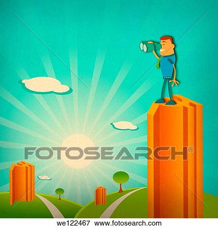 Businessman standing on the top of a building looking through binoculars View Large Photo Image Stock Photo - Businessman standing on the top of a building looking through binoculars. Fotosearch