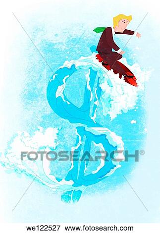 Businessman surfing on a dollar shaped wave View Large Photo Image Stock Photo - Businessman surfing on a dollar shaped wave. Fotosearch